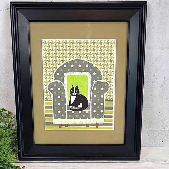 Handmade paper art collage of cat on couch Framed 17" X 14" - Picture 1 of 7